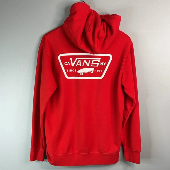VANS Unisex Full Patch Hoodie Red White Graphic Front Back Kangaroo Pocket Small - Picture 10 of 15